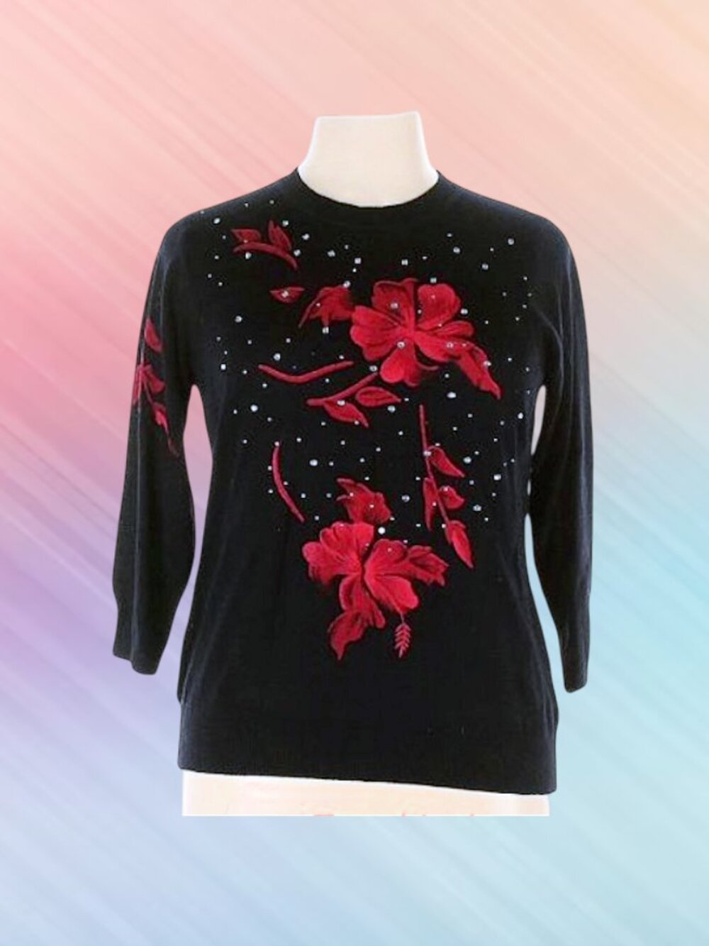 C.D petites womens  size PXL top sweater blouse ¾ sleeve black with red accents